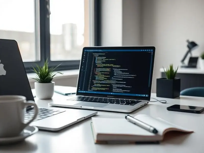 Professional workspace setup showing modern web development environment with laptop and clean desk arrangement